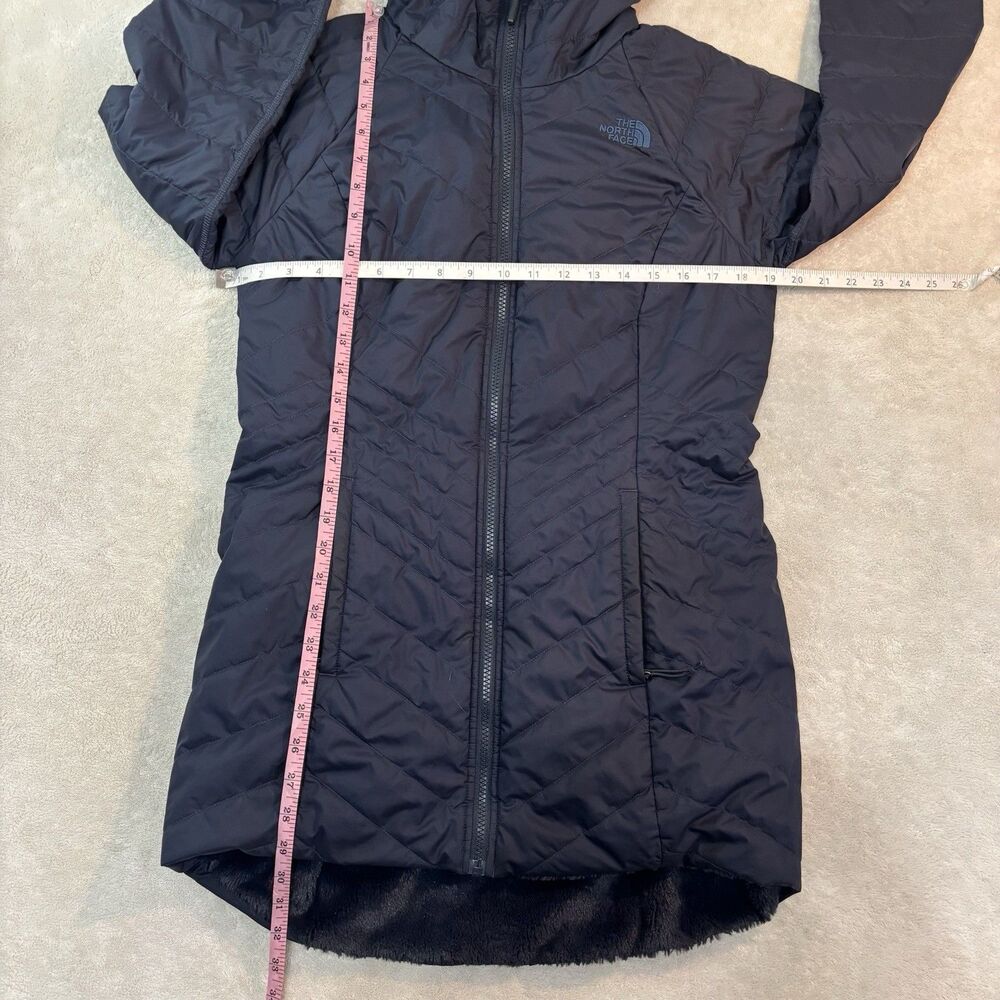 EUC North Face Women Small Mossbud Reversible Puffer Fleece Coat Navy Long Hood - Picture 8 of 11